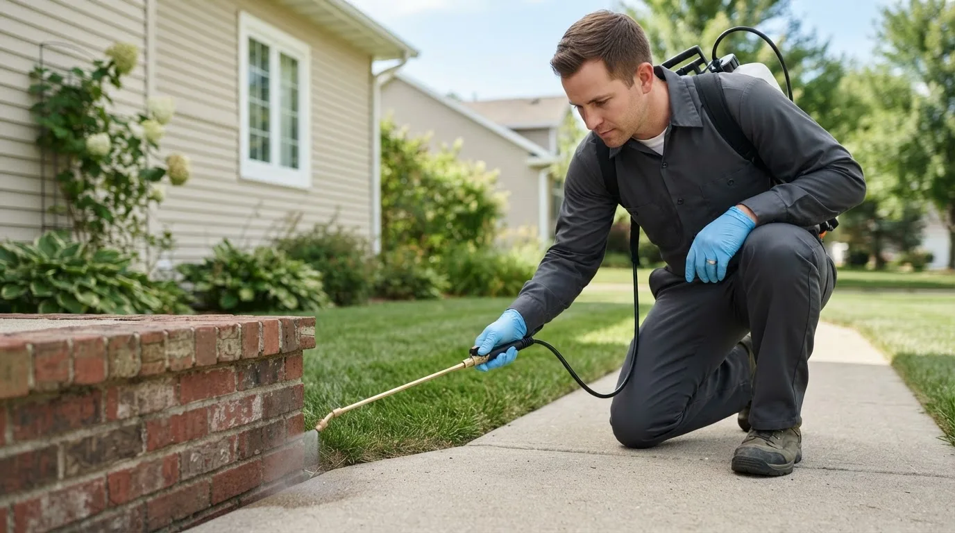 Pest control technician treating a home near North Sioux City, SD